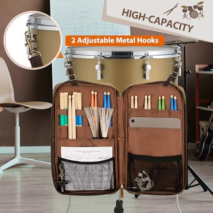 Damero Waxed Canvas Drum Stick Bag with Hanging Hooks and Shoulder Strap | Mallets Percussion Bag with Top Padded Handles, Stick Bag for Drumsticks and Mallets for Drummers, Beginners in Band, Gig