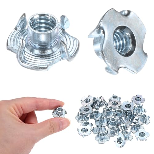 M METERXITY 100-Pack 1/4-UNC T-nut, 5/16" Barrel Length Carbon Steel 4-Pronged Tee Nut Threaded Insert for Wood/Rock Climbing Holds/Furniture, Corrosion Resistant Fasteners - size: 1/4-UNC, 5/16" Barrel Length
