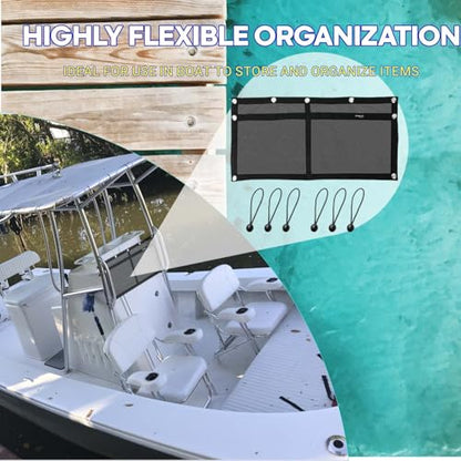 Boat Storage Bag,Polyester Boat Mesh Suspended Storage Bag,Black Boats Storage Mesh Pocket,Boat Seat Storage Bag for Leaning Post with 6 Positioning Elastic Loops. (32" L x 15" W (2 Pockets)) - size: 32"L x 15"W