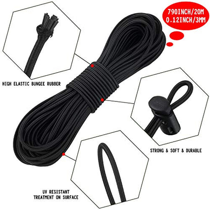 Patelai 50 Pieces Cord Locks Spring Toggles Stoppers Plastic Single Hole End Stopper Slider and 1/8 Inch 66 Feet Elastic Bungee Cord for Drawstring Shoelaces Clothing Bags(Black, Classic Style) - size: Black, style: Classic Style