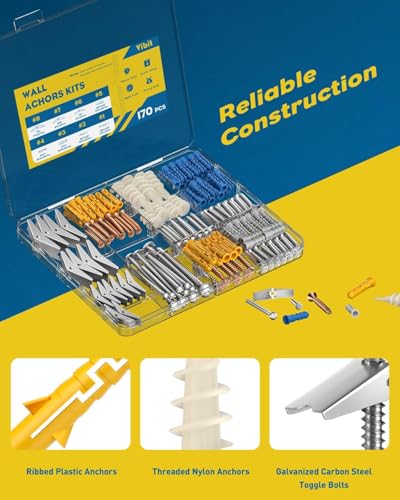Vibit 170 Pcs Self Drilling Drywall Anchors, Heavy Duty Wall Anchors for Drywall, Toggle Bolts for Drywall & Hollow Walls, Carbon Steel & Plastic Dry Wall Anchors and Screws Kit for Hanging