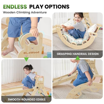 BlueWood Pikler Triangle Set with Cushion, Wooden Climbing Toys for Toddler | Foldable 9-in-1 Montessori Philosophy Toddler Climbing Toys Indoor with Reversible Ramp, Arch and Ladder - Pink - color: Pink