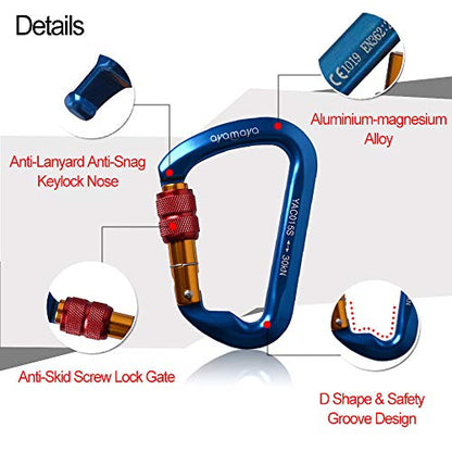 Ayamaya Climbing Carabiners - 3 Pack Screwgate Locking Carabiner 30KN (6744 lbs) Heavy Duty Gears for Rock Climbing, Rappelling, Swing Rescue & Gym, Large D-Shaped Carabiners - color: Blue