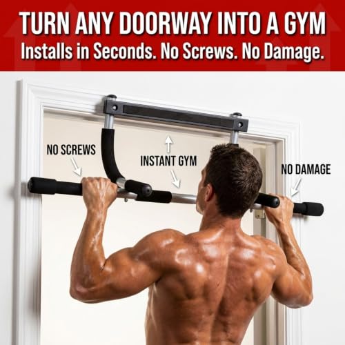 Iron Chin Up & Pull Up Bar Gen. 1, Heavy Duty Doorway Pull Up Bar with 9 Grip Positions, No Screws, Fits 24"-36" Doorways, Supports 440 lbs, Home Gym Equipment for Upper Body Strength