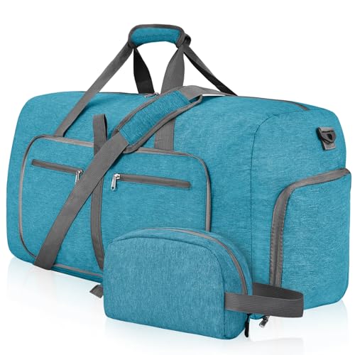 Felipe Varela Foldable Duffle Bag for Travel, Weekend, Overnight, Gym | Lightweight, Waterproof Travel Duffel Sports Bag with Shoes Compartment for Men Women, Bonus Toiletry Bag Included - color: B MintGreen, size: 65L