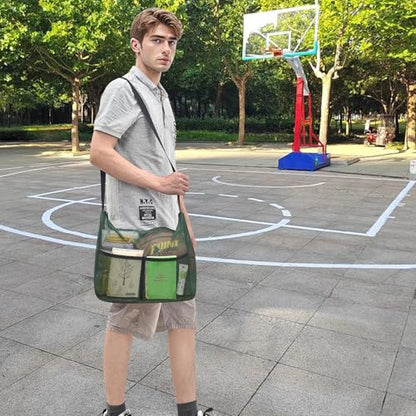 Mildbeer Gym Tote Bag, Mesh Bag Crossbody Satchel 12x6x12 for Gym Beach Ball Games Training Camping Hiking Clothes Storage - color: Forest Green