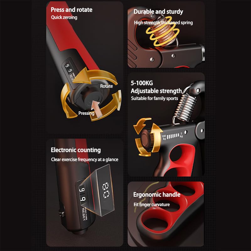 Grip Strength Trainer, Hand Grip Strengthener with Adjustable Resistance 11-220Lbs(5-100KG), Automatic Counter, (Red)