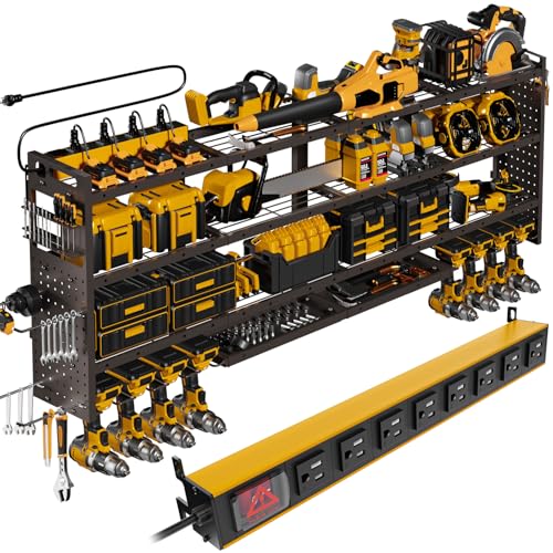 XLarge 64''W Power Tool Organizer Wall Mount | 8-Outlet TR Charging Station | Modular&Corner-Fit 820lbs Garage Storage Rack with 8 Cordless Drill Holder | Shelf for Workshop Organization - size: 64''Width (POWER STATION)