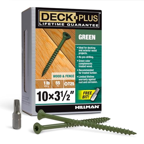 Deck Plus 3-1/2 Inch Epoxy Coated Exterior Wood and Fence Screws #10 x 3-1/2" Torx/Star Drive Included Coarse Thread, Outdoor Rust Resistant Decking Screw, Green, 1lb Box, 55 Pieces | 48407 - color: Green, size: #10 x 3-1/2", style: 55 pcs
