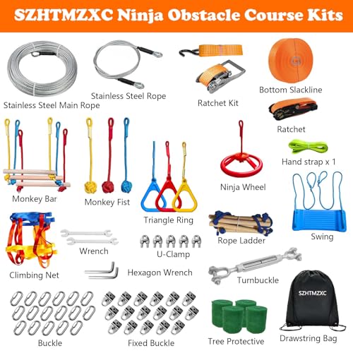 2x65FT Ninja Warrior Obstacle Course for Kids Outdoor, | Stainless Steel Rope, Bottom Slackline, 14 Ninja Course Children Toy Accessories, Climbing Net, Swing, CPSC Approval - size: 65FT 14Pcs Bottom Rope