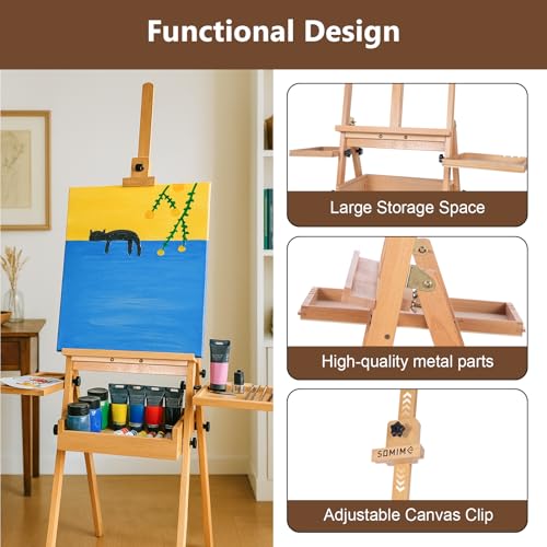 Wooden H-Frame Studio Easel with Storage Drawer and Palettes,Natural | Solid Beechwood Painting Easel for Students, Beginners, and Artists, Hold Canvas to 36Inches High - style: Side Trays Natural