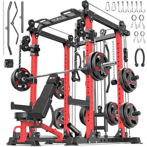 Power Rack Power Cage Multi-Function Squat Rack with Cable Crossover System Selectable More Training Attachment Power Rack for Garage & Home Gym - color: Red, size: D Set L02+Weight Bench+（pole+Cast Iron）248LBS