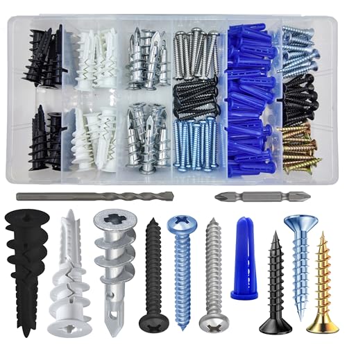Self-Drilling Drywall Anchors Assortment Kit – 182 Pcs for Concrete, Drywall,sheetrock Anchors， and Sheetrock – Heavy Duty Wall Anchors for Easy Installation, No Drill Bit Required - color: 3 color Drywall Plastic Anchors Kit