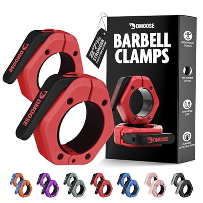 DMoose Fitness Barbell Clips 2 Inch (Pair) - Quick Release Olympic Barbell Clamps & Collars with Anti Slip TPR Grip for Secure Weightlifting and Powerlifting - Weight Clips for Bars at Home or Gym - color: Red, style: Magnetic