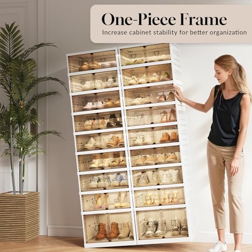 9-Tier Foldable Shoe Rack Organizer, 36 Pairs Stackable & Collapsible Shoe Cabinet with Transparent Doors & Leather Handles, Space-Saving Storage for Entryway, Closet, Kitchen, Cabinet, White - size: 9 Tiers