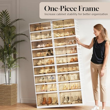 9-Tier Foldable Shoe Rack Organizer, 36 Pairs Stackable & Collapsible Shoe Cabinet with Transparent Doors & Leather Handles, Space-Saving Storage for Entryway, Closet, Kitchen, Cabinet, White - size: 9 Tiers