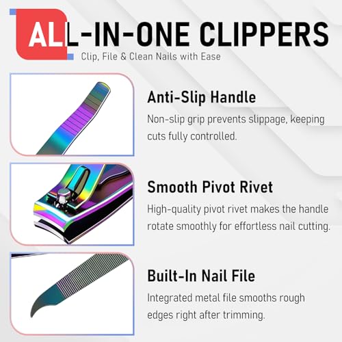 firiKer Nail Clipper Set, Sturdy Stainless Steel Fingernails & Toenails Clippers & Nail File, Sharp Effortless Fingernail Toenail Trimmer, Portable Nail Cutter for Women Men（Rainbow） - color: Rainbow