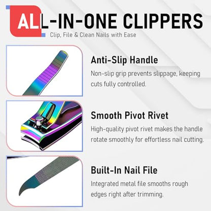firiKer Nail Clipper Set, Sturdy Stainless Steel Fingernails & Toenails Clippers & Nail File, Sharp Effortless Fingernail Toenail Trimmer, Portable Nail Cutter for Women Men（Rainbow） - color: Rainbow
