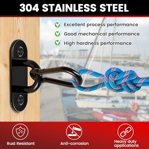sprookber 304 Stainless Steel Pad Eye Snap Hooks, M5 Heavy Duty Ceiling Hooks, 500 lb Capacity Hammock Swing Hanging kit, Plant Hangers, Marine Hardware Staple Hook Loop with Screws, Set of 8(Black) - size: 2 Inch, style: Black Oval