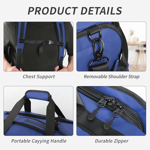 2-in-1 Carry-on Backpack for Men Women 40L Sports Gym Bag with Backpack Straps,Water Resistant,for Travel/Gym（20in,Blue） - color: 20in-blue