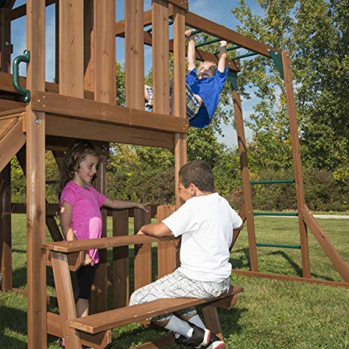 Swing-N-Slide WS 8352 Knightsbridge Ultimate Wooden Swing Set with Slide, Play Set, Monkey Bars, Climbing Wall, Wood Roof, Picnic Table & Glider, Wood, Green - size: Knightsbridge Ultimate