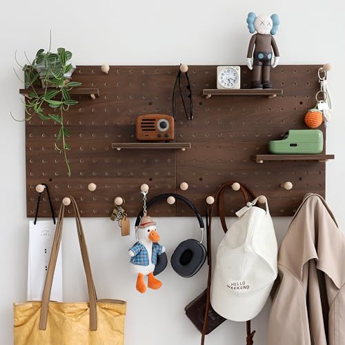 Wooden Pegboard Modular Display Organization Storage Wall Hooks Shelf (Walnut Colored Finish-B-4) - color: Walnut colored finish-B-4