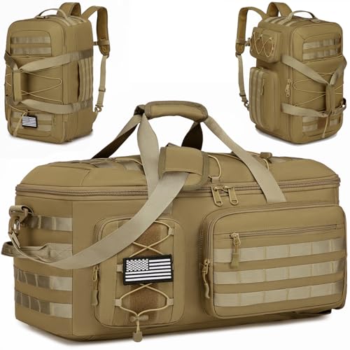 50L Gym Bag for Men and Women, 3-in-1 Duffle Bag for Travel Sports with Shoe Compartment, Military Tactical Backpack for Overnight Weekender Workout - color: Brown, size: 50L