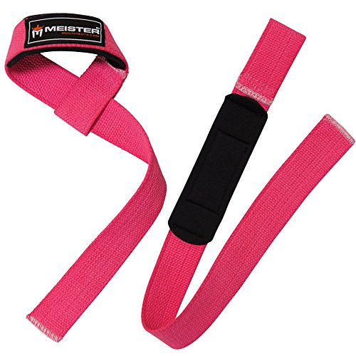 Meister Neoprene-Padded No-Slip Weight Lifting Straps for Grip (Pair) | Ridged woven cotton construction, enhanced wrist comfort and support for deadlifts, pulls, shrugs and heavy lifting - color: Pink