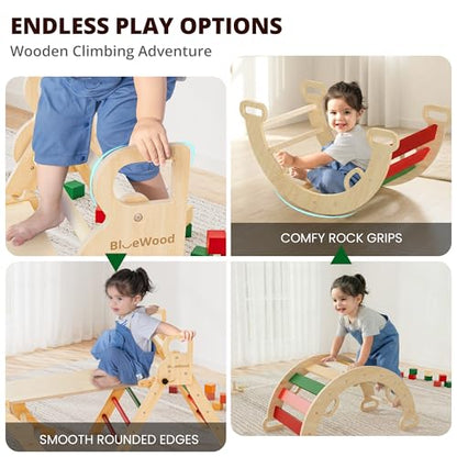 BlueWood Pikler Triangle Set, Toddler Climbing Toys Indoor 7in1 Foldable | Wooden Climber for Kids, Montessori Philosophy Play Jungle Gym with Arch, Ramp, Ladder (Warm Winter Christmas) - color: Warm Winter Christmas