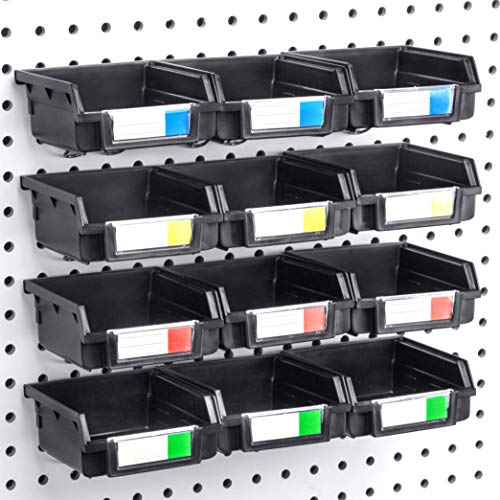 Pegboard Bins - 12 Pack Black - Hooks to Any Peg Board - Organize Hardware, Accessories, Attachments, Workbench, Garage Storage, Craft Room, Tool Shed, Hobby Supplies, Small Parts - color: Black, size: 3.5 Inch (Pack of 12)
