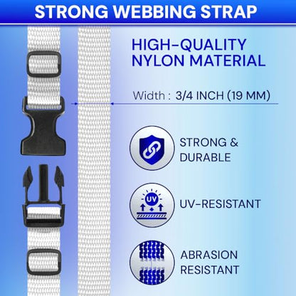 TECEUM 3/4" Nylon Strap Kit with Buckles, White 6 yards Repair Set | Heavy duty hardware kit: 6yd webbing, 6 quick release buckles, 12 tri-glide slide clips, 6 metal D-rings for crafting. - color: White, size: 3/4" - 6 yards, style: 6 Buckle - 12 Slides -