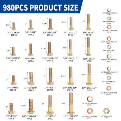 980cs Grade 8 SAE Bolts and Nuts Assortment Kit, 1/4-20, 5/16-18, 3/8-16, 1/2-13 Heavy Duty Hex Bolts and Nuts Kit, Assorted Nuts, Bolts, Flat & Lock Washers, Yellow Zinc Plated, Length from 1/2"-2" - size: 980PCS 1/4-20, 5/16-18, 3/8-16, 1/2-13