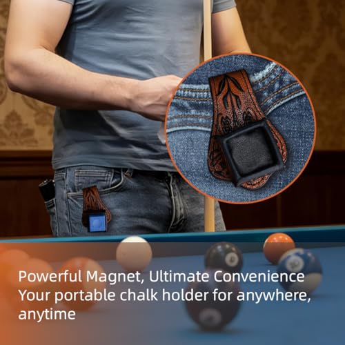KONLLEN Leather Magnetic Chalk Holder, Pool Cue Accessory | Round or square engraved leather holder keeps billiard chalk secure and easy to reach during pool play. - color: VT Round Holder-Blue