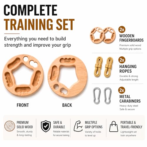 Portable Hangboard for Rock Climbing, 2-Pack Fingerboard Rings | One-piece solid wood rings with 10-25 mm edges, finger pockets, ropes and carabiners for grip and bouldering training