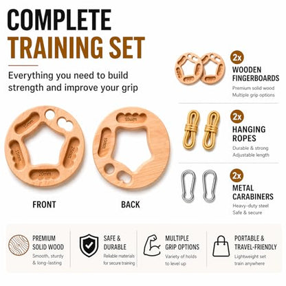 Portable Hangboard for Rock Climbing, 2-Pack Fingerboard Rings | One-piece solid wood rings with 10-25 mm edges, finger pockets, ropes and carabiners for grip and bouldering training