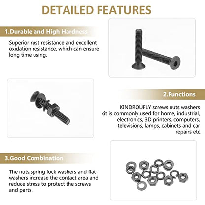 562 Pieces Black M3 x 5/6 /8/10 /12/16 /20mm Countersunk Head Socket Cap Screws Nuts Washers Assortment Kit, 10.9 Grade Alloy Steel - size: M3, style: Countersunk Head