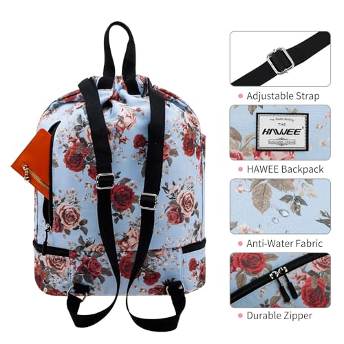 Dry Wet Drawstring Backpack with Shoe Compartment for Women Adjustable Gym Bag - color: Rose With Silver Silk