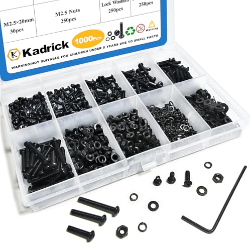 Kadrick Metric Screw Assortment, 1000PCS Metric Bolt Assortment Kit M2.5 Machine Screws with Lock & Flat Washers, Grade 10.9 Alloy Steel Hex Socket Button Head Black Screws Nuts and Bolts Kit - size: M2.5 1000Pcs 4-20mm