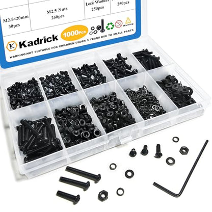 Kadrick Metric Screw Assortment, 1000PCS Metric Bolt Assortment Kit M2.5 Machine Screws with Lock & Flat Washers, Grade 10.9 Alloy Steel Hex Socket Button Head Black Screws Nuts and Bolts Kit - size: M2.5 1000Pcs 4-20mm