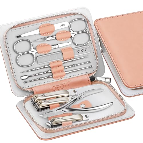 DEOU Professional Nail Set 11 in 1 stainless steel home care nail clippers, men's luxury travel leather storage box, women's beauty kit (Pink) - color: Pink