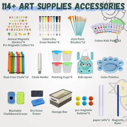 Adjustable Wooden Art Easel for Kids,Double Sided Chalkboard & Whiteboard | Drawing & Painting Station with 114+ Art Supplies,Height Adjustable Magnetic Board for Toddlers Ages 3-12,2 Paper Rolls - color: green