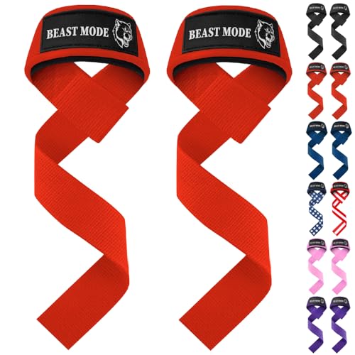 TECEUM Lifting Straps for Weightlifting Gym Strength Training - Wrist Straps with Neoprene Padded Cotton - Men & Women – Ideal for Powerlifting, Bodybuilding & Deadlifts - color: Red, size: 18" - Beast Mode