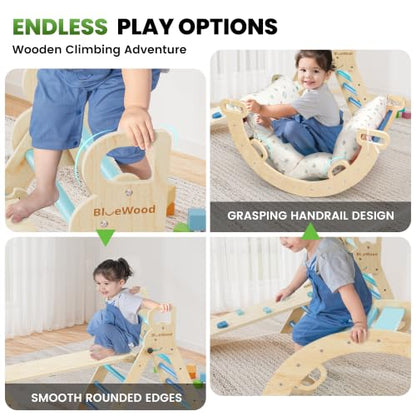 Pikler Triangle Set with Cushion, Wooden Climbing Toys for Toddler | Foldable 8-in-1 Montessori Philosophy Toddler Climbing Toys Indoor with Reversible Ramp, Arch and Ladder - Sky Blue - color: Sky Blue