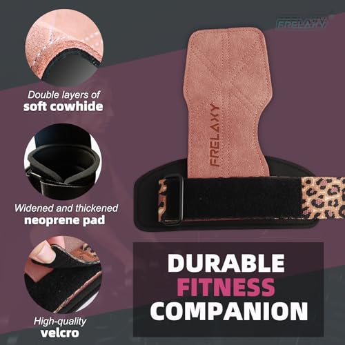 Frelaxy Lifting Wrist Straps for Women and Men, Weight Lifting Grips | Double-layer leather, Cushioned wrist support, Durable construction, Storage pouch, Deadlifts, rows, lat pulldowns - color: Pink/Leopard