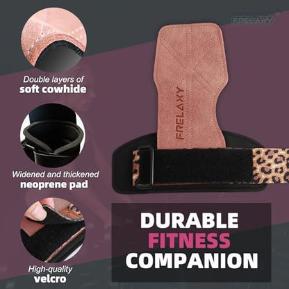 Frelaxy Lifting Wrist Straps for Women and Men, Weight Lifting Grips | Double-layer leather, Cushioned wrist support, Durable construction, Storage pouch, Deadlifts, rows, lat pulldowns - color: Pink/Leopard