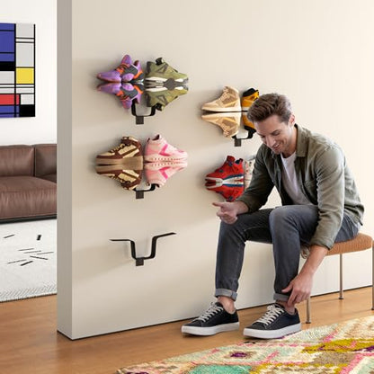 YOWOS Wall Mounted Shoe Rack, 6 Pack Floating Sneaker Display Shelf, Iron Wall Shoe Holder for Shoes, Boots, Heels, Space Saving Organizer (Black/White) (Black) - color: Black