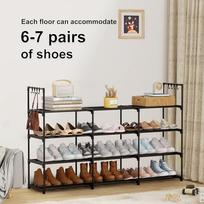 3 Row 4 Tier Long Shoe Rack, Black Metal Stackable Shoe Shelf with Multifunctional Hooks, Shoe Storage Hold 24-30 Pairs, Space Saving Shoe Organizer for Closet,Wide Shoe Rack - size: 3 Row 4 Tier