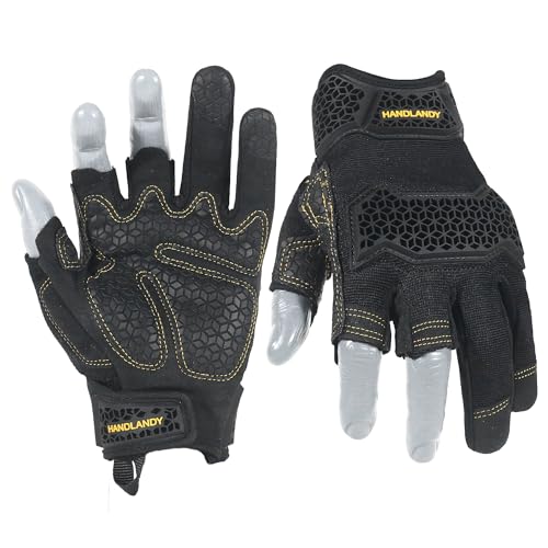 HANDLANDY Fingerless Framer Work Gloves for Men, Utility Grip Paded Gloves for Tactical Shooting Airsoft Hunting Driving (Black- 3 Fingerless, Medium (Pack of 1)) - color: Matte Black, size: Medium (Pack of 1)