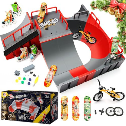 Fingerboard Skate Park Kit — 18 in 1 Finger Skateboard Toys with 13 Ramps 3 Mini Fingerboards Skateshoes & Mini Bikes, Extra Large Ultimate Training Props Interactive Game for Adults Kids 6+