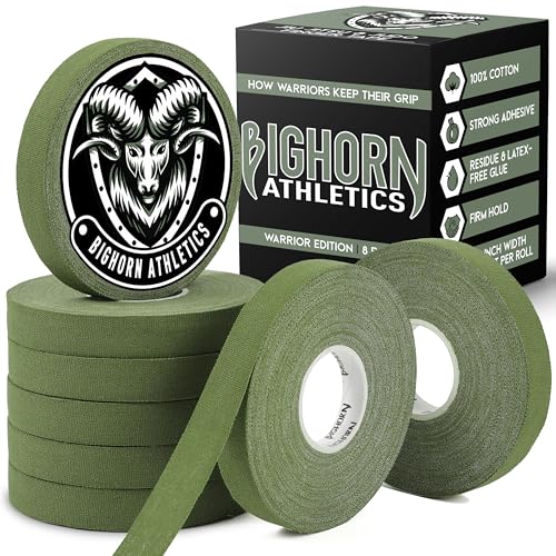 Bighorn Athletics Finger Tape, 0.5-Inch x 45-Feet, 8 Rolls, Military Green | Warrior Edition finger and toe tape for BJJ, Wrestling, Judo. Residue-free Zinc Oxide adhesive, EZ-tear breathable cotton. - color: Military Green, size: 0.5-Inch